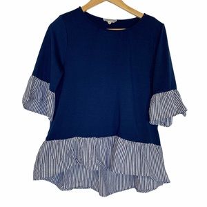 Pleione Navy Ruffle Top Striped Dress Shirt Tee
